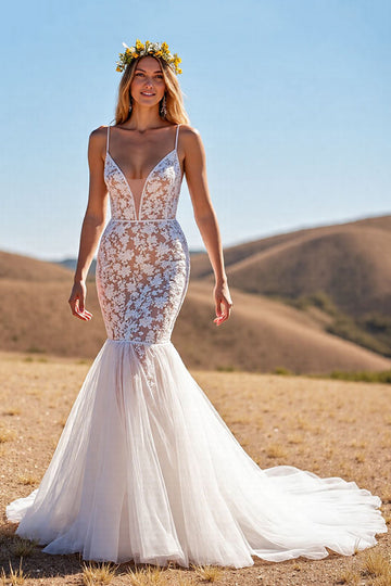 Mermaid Ivory Lace Tulle Wedding Dress